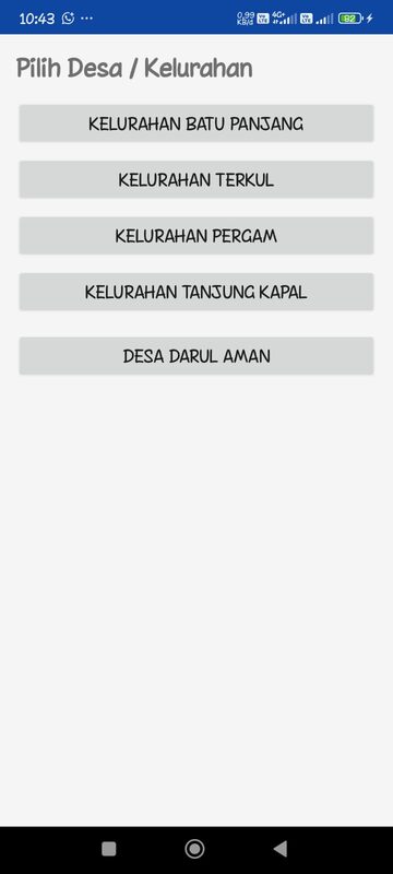 Daftar wilayah kerja pada aplikasi